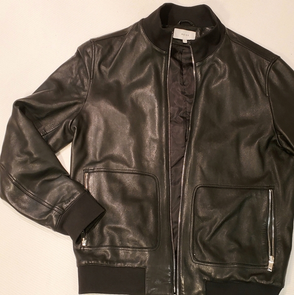 Offical Reiss Black Lamb Skin Leather Bomber Jacke - Picture 1 of 7